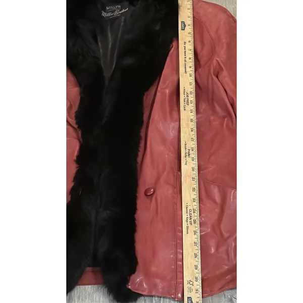 Vtg Red Leather Millyn Fur‎ Collar Coat Jacket 80's Glam Mob - Image 5