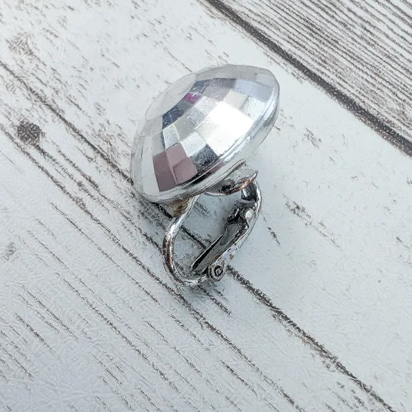 Vintage Clip On Earrings - Domed Circle Faceted Silver Tone - Condition Issues - Image 4