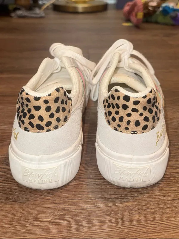 Blowfish White Sneakers with Pink & Green Stripe and Leopard Heel - Image 3