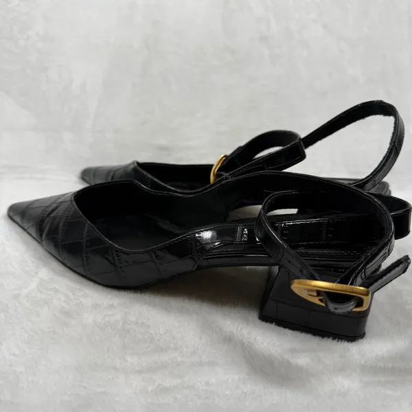ASOS Design Black Croc Embossed Pointed Toe‎ Slingback Block Heel Pumps Womens 7 - Image 11