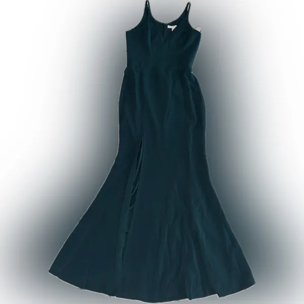 NWOT Dress the population IRIS slit crepe maxi gown v neck size L peacock blue - Image 5