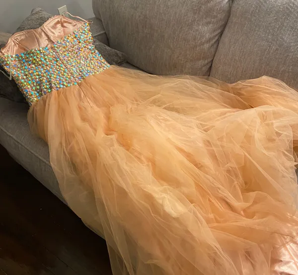 Peach Beaded Sweetheart Tulle Prom Dress - Image 8