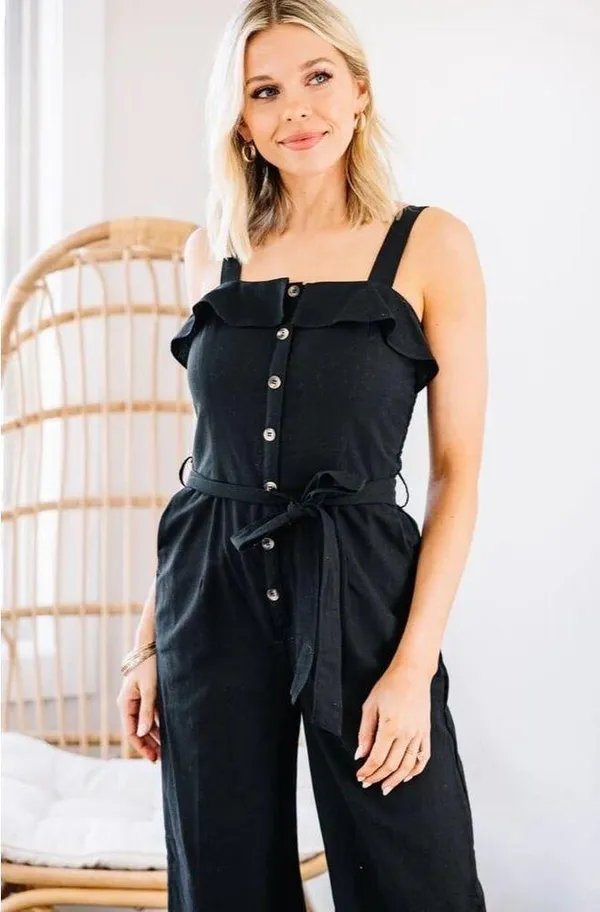 Billabong Ruffled Square Neckline Button Front Self Tie Belt Pockets Jumpsuit M - Image 2