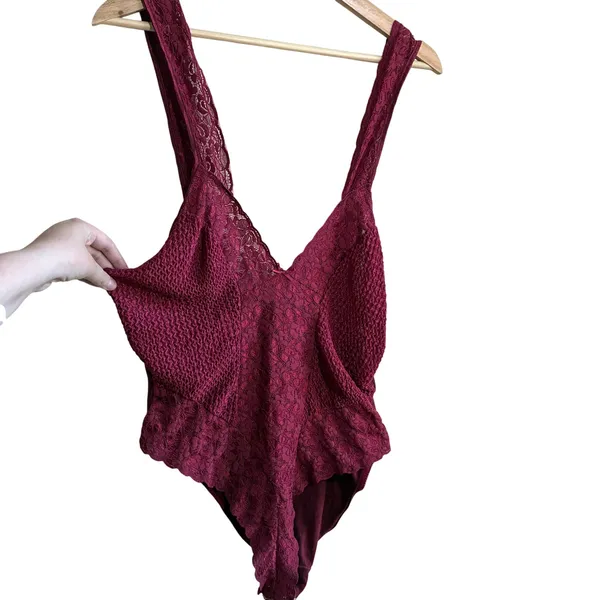 Vintage Movie Star Lace Bodysuit L Burgundy Womens V-Neck Lingerie USA Made - Image 2