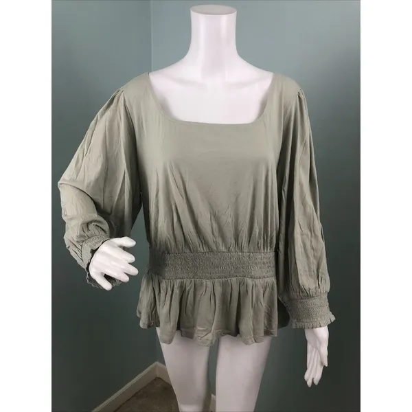 NWT Women's Ann Taylor Smocked Square Neck Puff Sleeve Blouse Top Sage Sz Large - Image 3