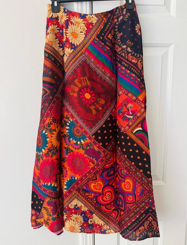 Farm Rio Mixed Prints Satin Slip Midi Skirt, Size S - Image 8