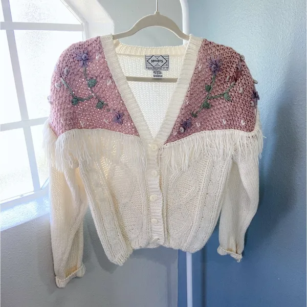 Vintage Cream with Pink Purple Floral Knit Sweater Cardigan Fringe - Image 7