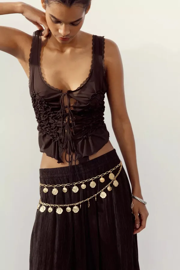 Zara brown Lace-Up Women's Top boho bohemian tied - Image 7
