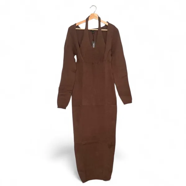 PrettyLittleThing Brown Long Sleeved Knit Dress/a Halter Style Keyhole Neck Xl - Image 4