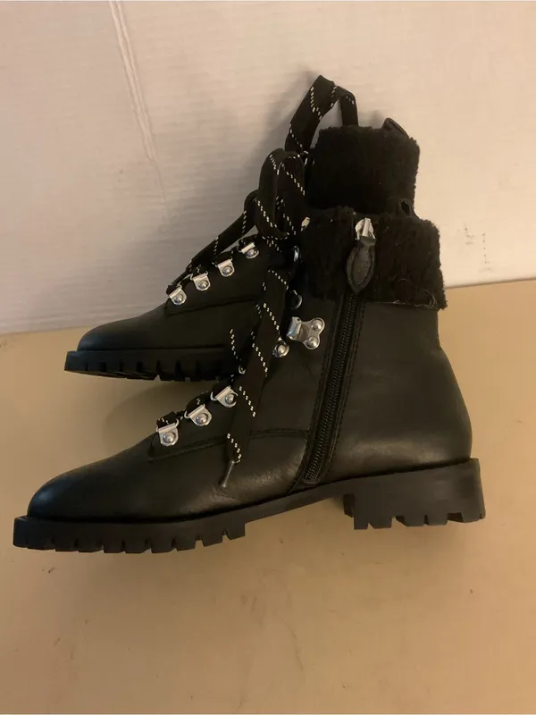 Rebecca Taylor women Black leather Lace-Up Faux Shearling Combat Boots uS 7 - Image 4