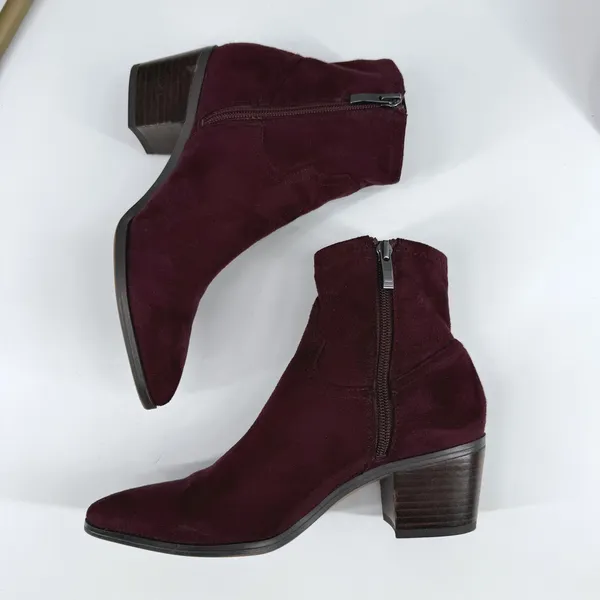 Franco Sarto L Shaneen Ankle Boots 7M Burgundy Faux Suede Pointed Toe Block Heel - Image 2