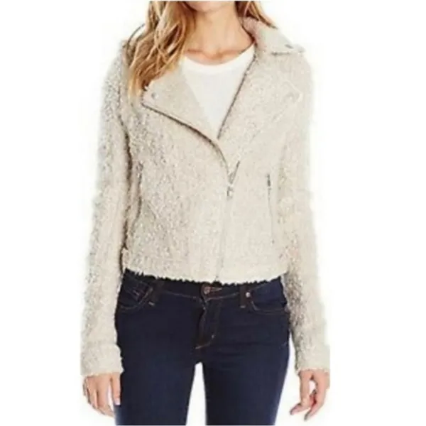Anthropologie Elevenses Boucle Moto Jacket Textured‎ Ivory Cream Size Medium - Image 3
