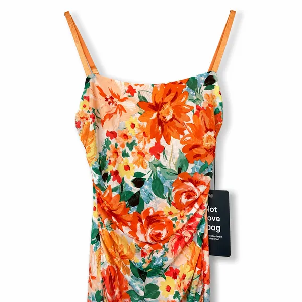 NEW Lulus Date Night Beauty Orange Floral Print Mesh Ruched Midi Dress Small - Image 7