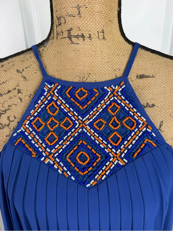 Arden B XS Cobalt Blue Beaded Pleated High Low Maxi Dress Y2K - Image 3