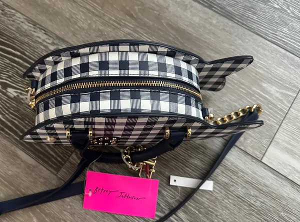NWT Betsey Johnson Adorable Plaid Fish Handbag Crossbody Navy Blue & White - Image 8