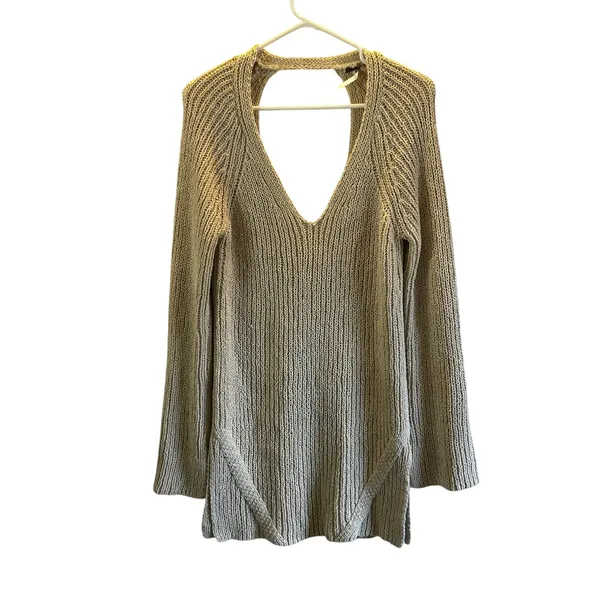 Free People midi back cutout heavy knit sweater cream tan Small cozy fall - Image 2