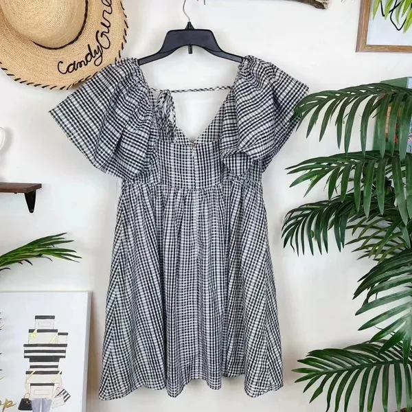 Moon River Afternoon Sunshine Multi Plaid Puff Sleeve Mini Dress - Image 5