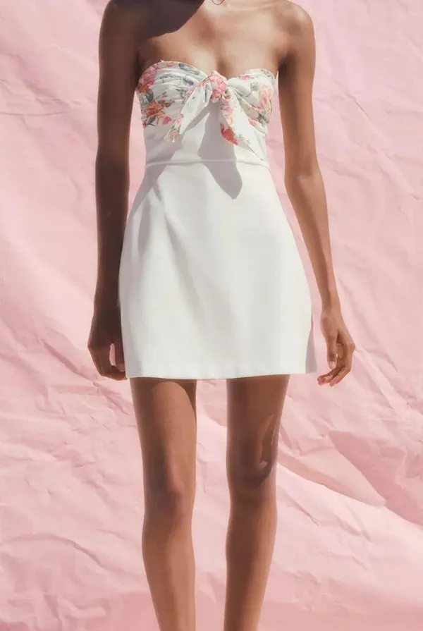 ZARA Floral White Strapless Dress - Image 5