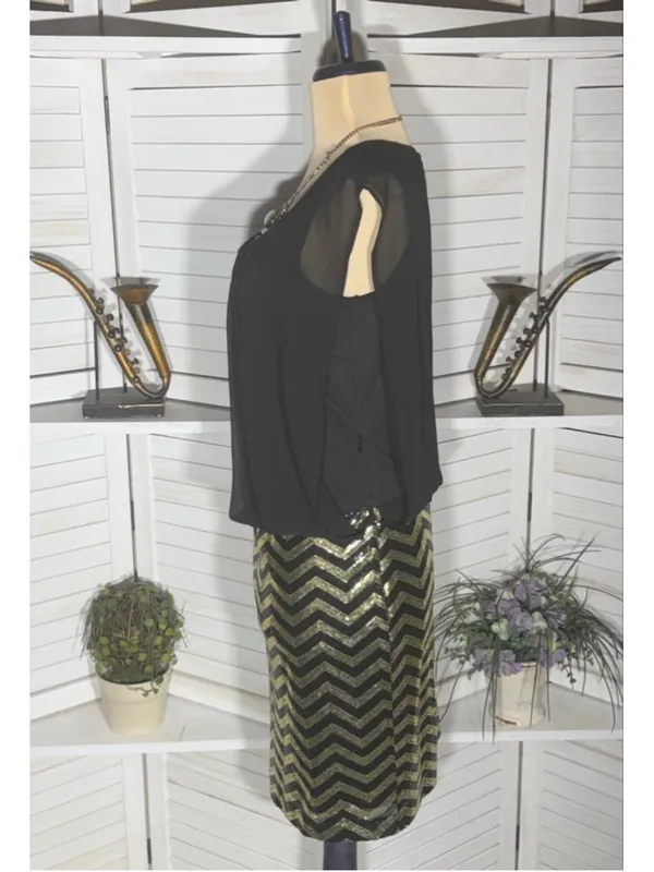 Guess mini cocktail dress black chiffon gold clubbing sequin pinup glam Y2K M - Image 4