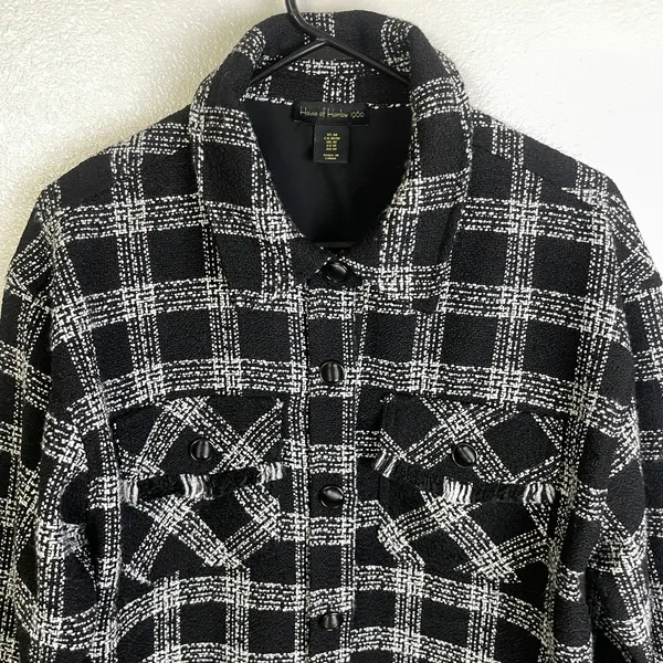House of Harlow Shacket Womens Medium Black Button Up Tweed White Check Heavy - Image 3