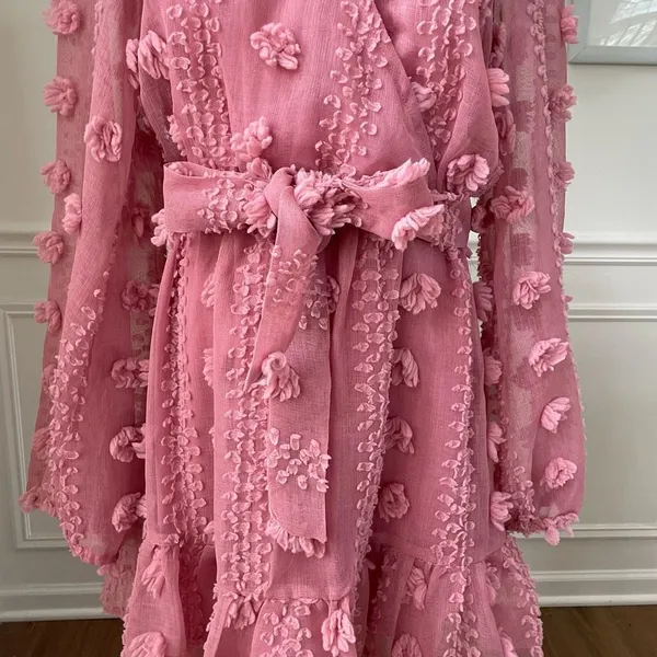 A.Calin Flying Tomato Pink Long Sleeve Pom Pom Mini Dress L - Image 4