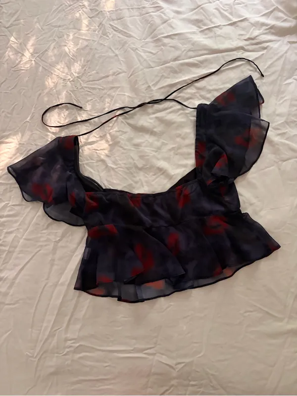 Princess Polly Navy and Red Sheer Ruffle Crop Top - Image 4