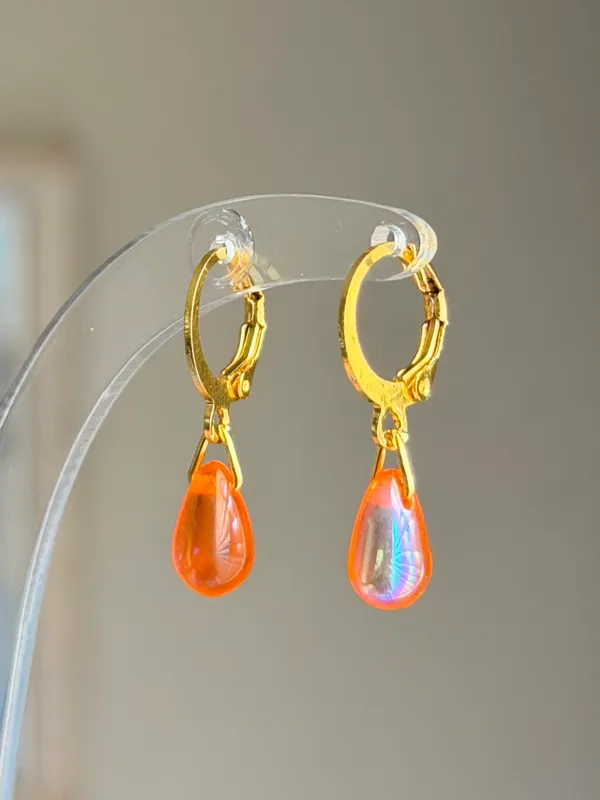 Handmade AB orange mini teardrop Czech glass simple minimalist earrings🧡 - Image 3