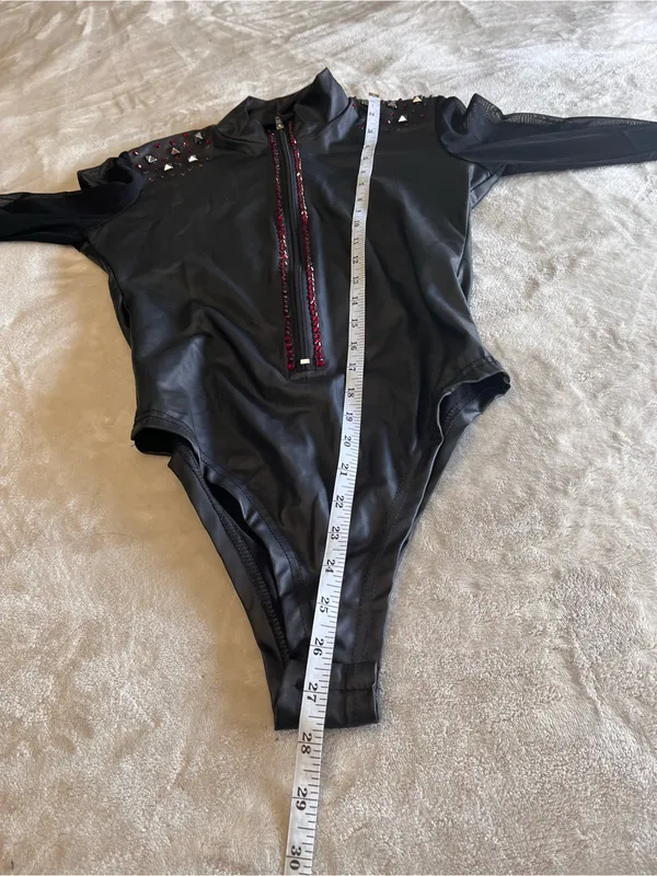 WEISSMAN Leather Zip Up Mesh Sleeves One Piece Bodysuit Jazz Dance Costume Sz S - Image 5
