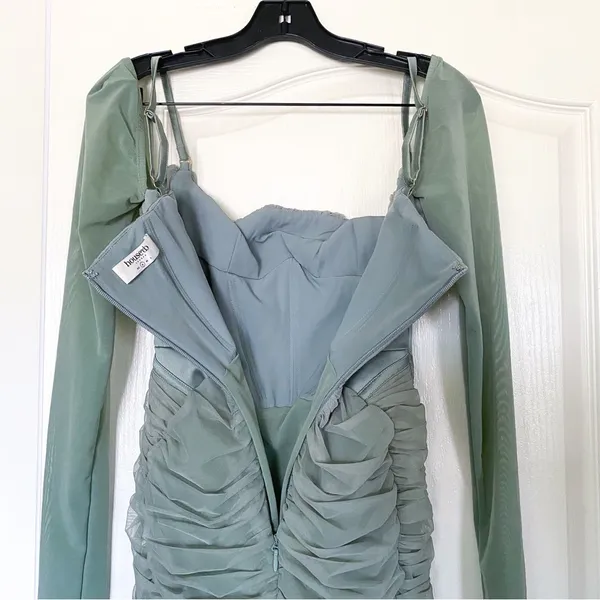 House Of CB Dress Freyja Gathered Corset Ruched Satin Mesh Knee Green‎ Small EUC - Image 7
