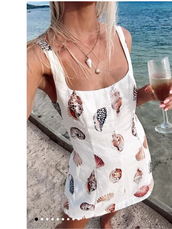 SHOW ME YOUR MUMU Steph Mini Dress White Shell Print Linen Size S Resort Wear - Image 2