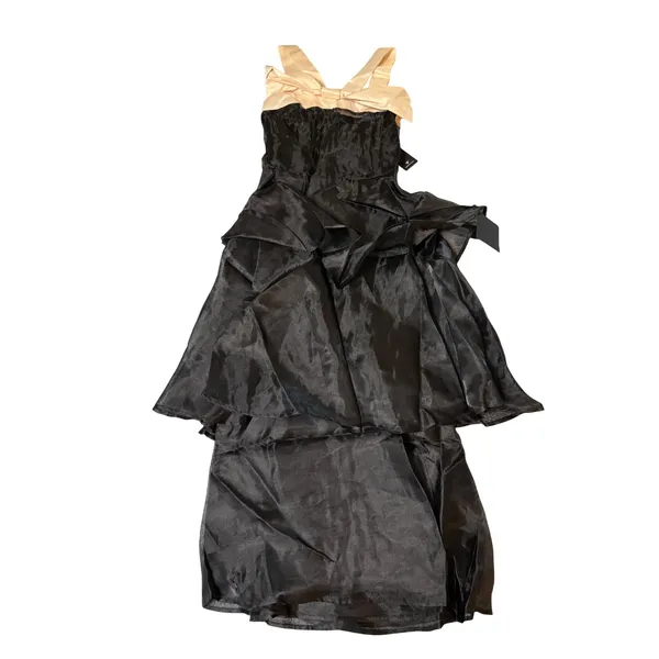 NWT Lulus Size XS Black Tiered Organza Midi Dress Contrast Bow Cocktail Dress - Image 2