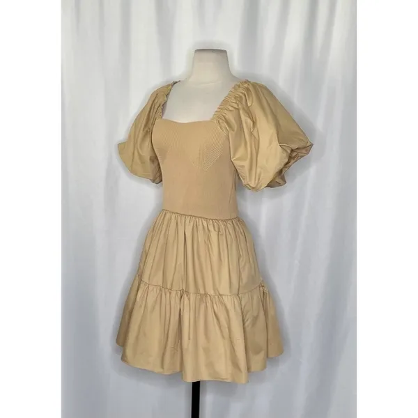 NWT! ENDLESS ROSE Mix Media Mini Dress Latte Brown Puff Sleeves Corset Bodice XS - Image 4