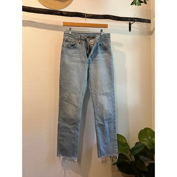 501s Levi's Light Wash Raw Hem High Rise Straight Leg Jeans Size 28 Inseam 32 - Image 2