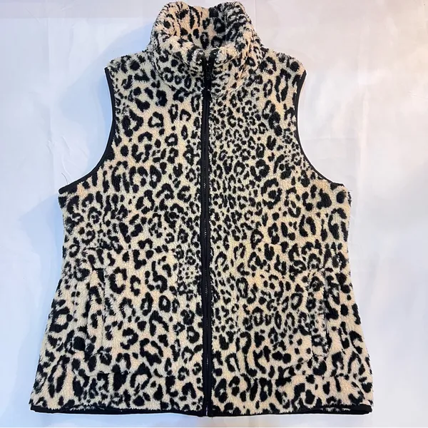 Chaps Ralph Lauren Leopard Fleece Vest Cozy Mob Wife Indie Sleaze Sz L Cabincore - Image 3