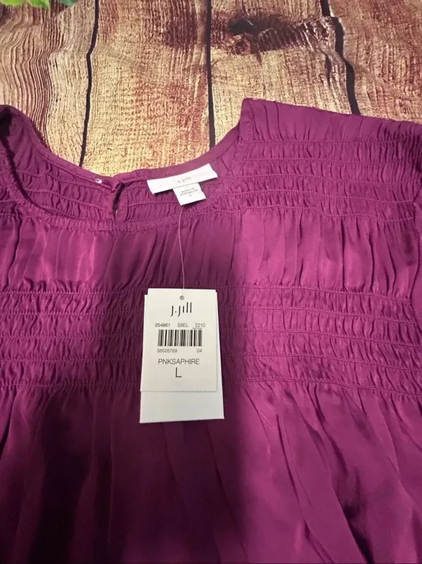 NWT J. Jill Satin Smocked A line Top In Pink Saphire Size L - Image 2