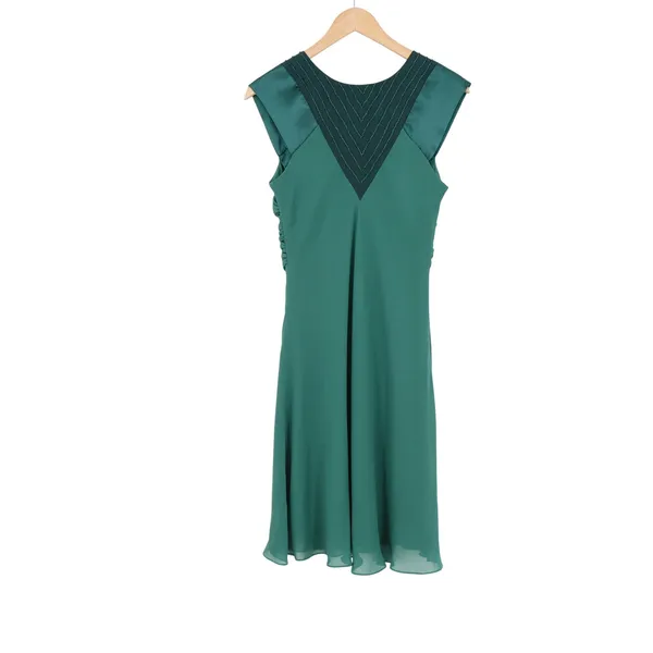 Orbis Emerald Green Beaded V-Neck Cocktail Dress Ruched Sleeveless Chiffon Knee - Image 3