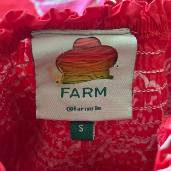 Farm Rio Summer Sunrise Mini Dress Small Red Smocked Puff Sleeve Tropical Summer - Image 8