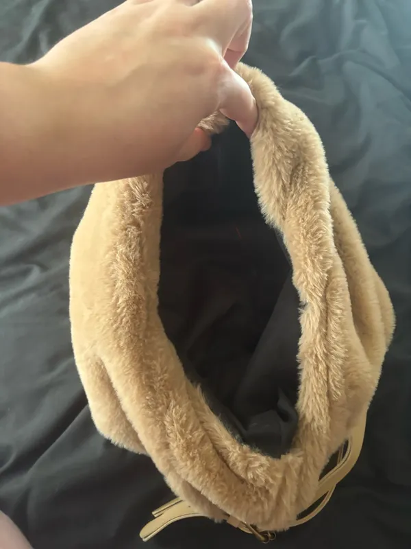 Plush Faux Fur Hobo Bag - Beige - Image 3