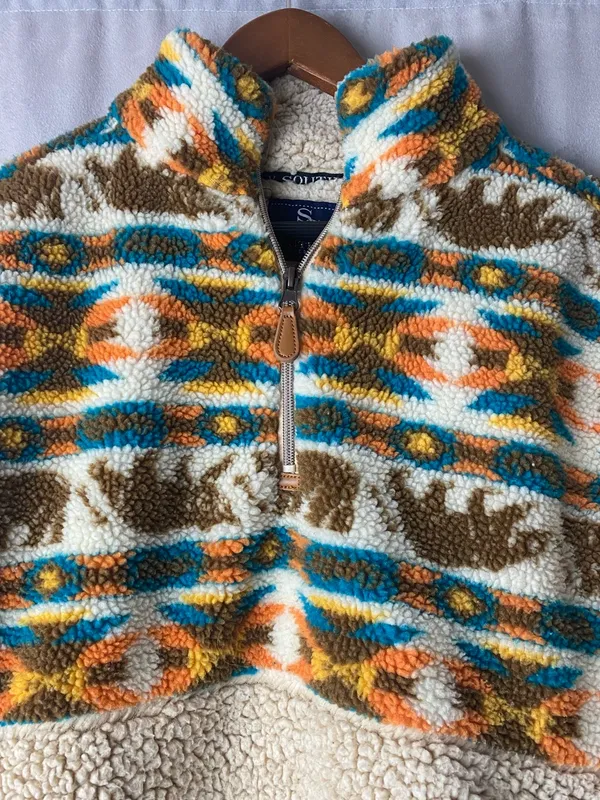 Simply Southern Cream Sherpa Zip Pullover with Teal & Orange Pattern - Image 3
