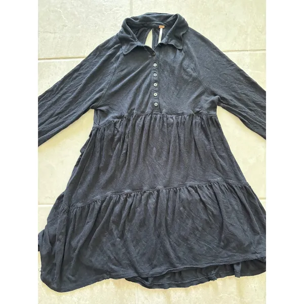 Free People Best‎ Girl Dress Womens Sm Black Mini Linen Blend Tiered Preppy Boho - Image 3