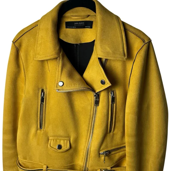 Zara Faux Suede Mustard Yellow Moto Jacket Belted Biker Zip Fall Grunge M - Image 3