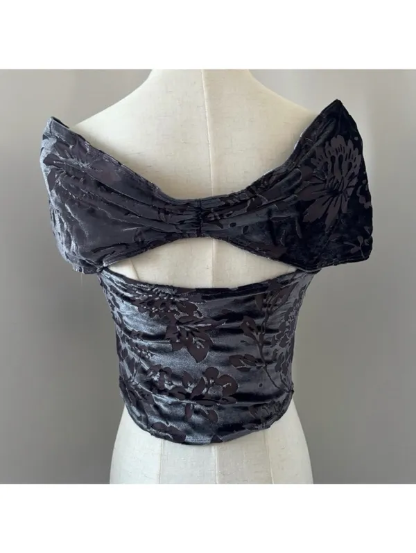 Free People Joni Black Off the Shoulder Whimsical Velour burnout top size medium - Image 3