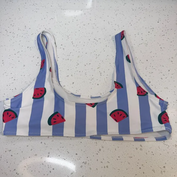 Blue White Striped Watermelon Print Scoop‎ Neck Bikini Swim Top Large L - Image 2
