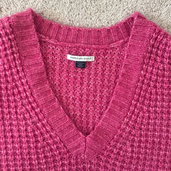 American Eagle AEO Pink V Neck Sweater Waffle Weave XS Boxy Oversized - Image 2