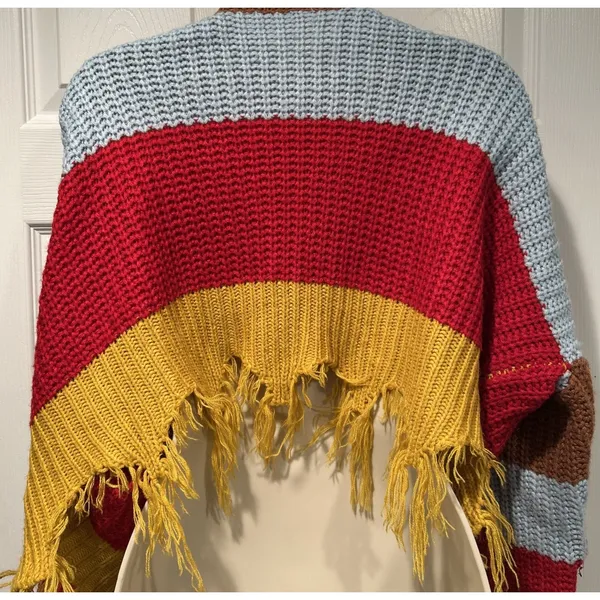 Women Distressed Oversized V Neck Sweater Fringe Hem Colorblock Boho Y2K Small - Image 5