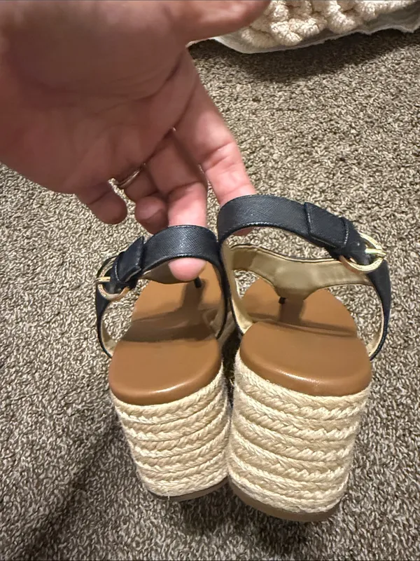 Michael Michael Kors Thong Wedge Espadrille Sandals MK Logo Black Espadrilles 7M - Image 7
