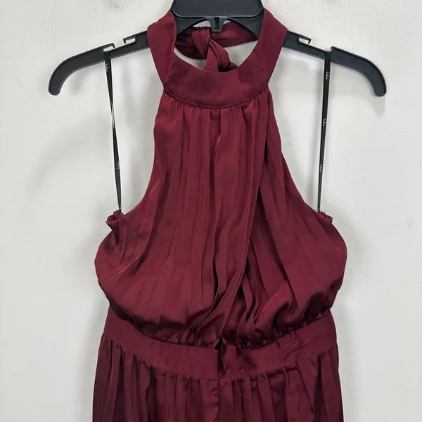 Lulus Confident Impression Burgundy Satin Pleated Halter Jumpsuit Small NWT - Image 8