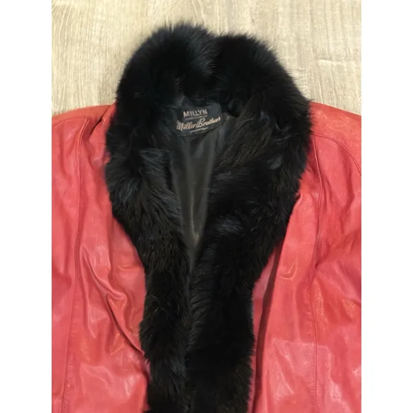 Vtg Red Leather Millyn Fur‎ Collar Coat Jacket 80's Glam Mob - Image 3