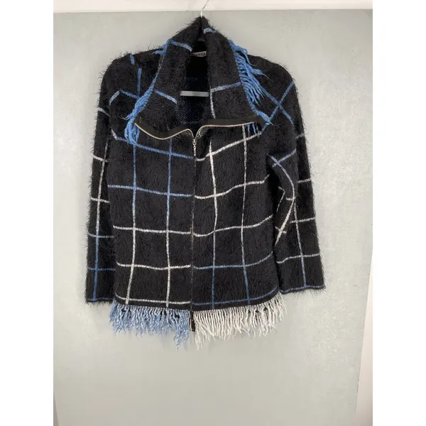 Arette Womens Cardigan Fuzzy Grid Plaid Fringe Zip Up Black Blue Large - Image 2
