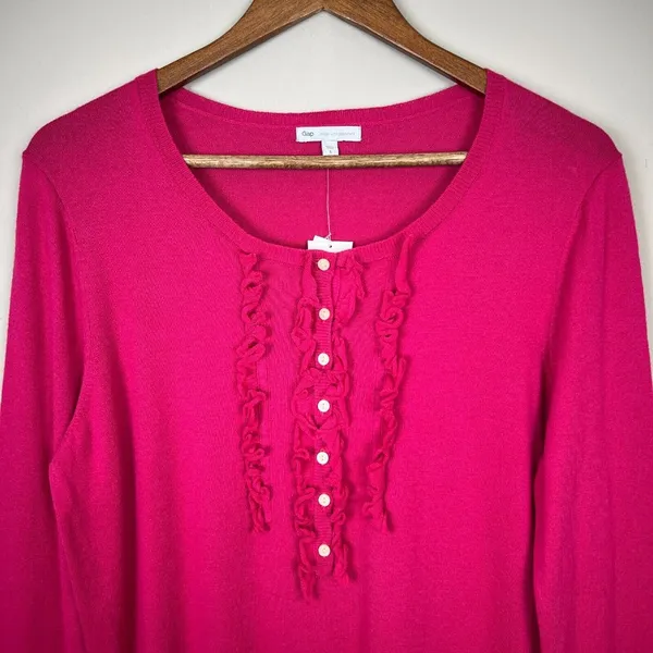 Gap Sweater Top Womens Large Pink Cotton Cashmere Long Sleeve Henley Ruffle New‎ - Image 3